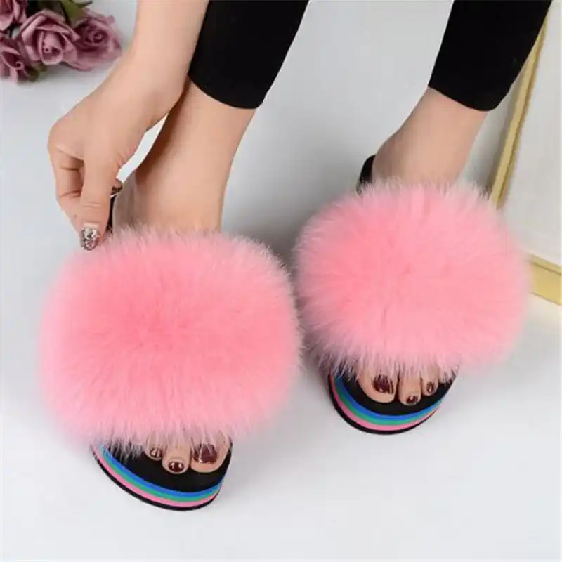 rainbow fur sandals