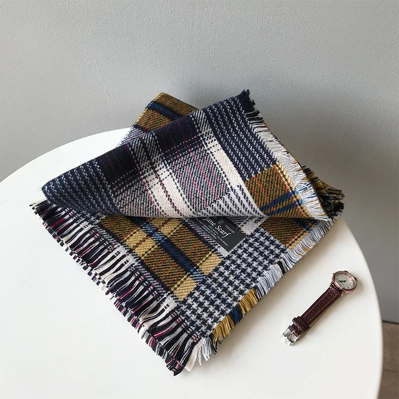 Yellow Plaid CamKemsey осень зима имитация кашемира шарфы для женщин Модные Винтажные клетчатые толстые теплые пашмины Шарфы Женская шаль - Цвет: Yellow Plaid
