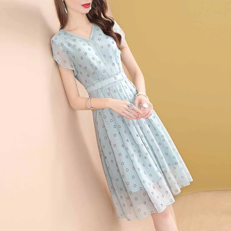 

V-neck Polka Dot Chiffon Dress Women's Summer Mid-length 2019 New Style Short Sleeve Popular Summer Skirt-