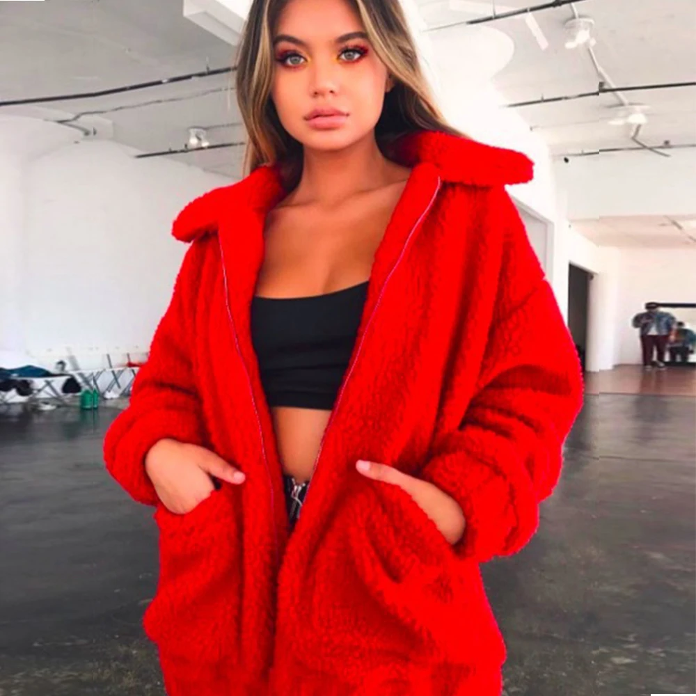 

New Solid Coat Women Autumn Winter Jacket Lapel Loose Plush Outwear Female Casual Jumper Ladies Zip-up Blend Coat Faux fur Lady