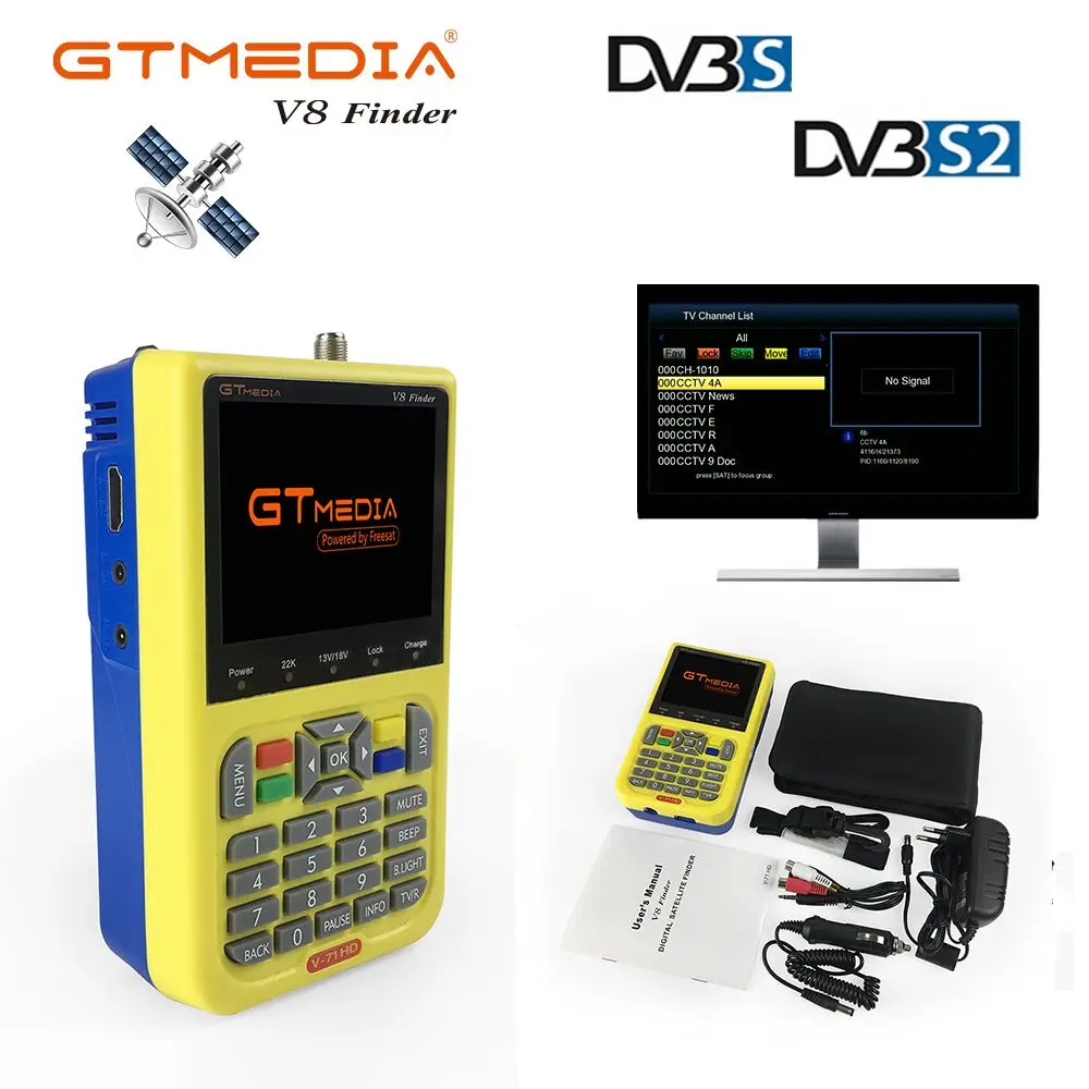 

GTmedia V8 Finder meter DVB-S2/S FTA Digital Satellite SatFinder Meter HD Satellite Finder Tool TFT LCD Sat Finder Signal Meter