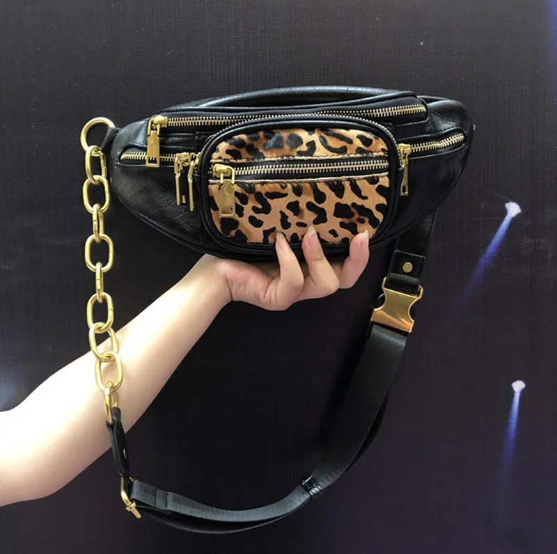 Качественная черная сумка на пояс из натуральной воловьей кожи с конским волосом, сумка на пояс для отдыха, женская сумка на пояс для прогулок - Цвет: Leopard print