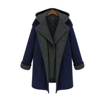 

Women Winter Coat Long Trench Navy Blue Cotton Solid Button Turn-down Collar Double Breasted Elegant Plus Size Female Wool Coat
