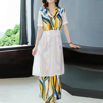 

Chiffon Wide-Leg Pants Two-Piece Sets Female Summer New Fashion Printed Patchwork Turn-Down Collar Top + Pants Two-Piece Set