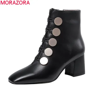 

MORAZORA autumn new arrive simple ankle boots comfortable high heel square toe black ladies shoes genuine leather women boots