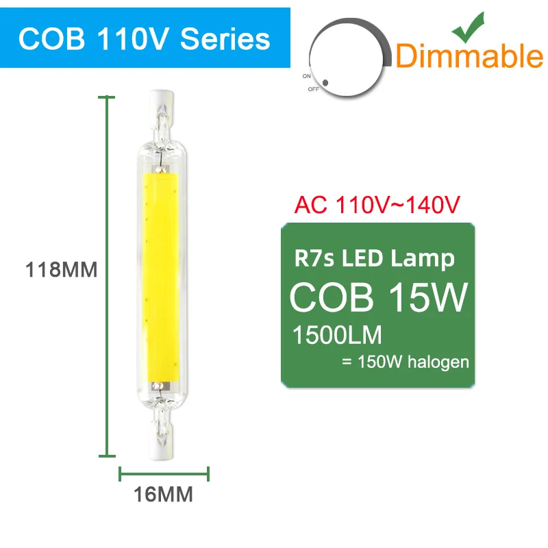 COBL 118mm 110V Dim Kaguyahime СВЕТОДИОДНЫЙ R7S лампа 6 Вт 9 Вт 12 Вт 220 В 110 В светодиодный светильник с регулируемой яркостью 78 мм 118 мм 135 мм заменить галогенный светильник Светодиодный точечный светильник - Испускаемый цвет: COBL 118mm 110V Dim