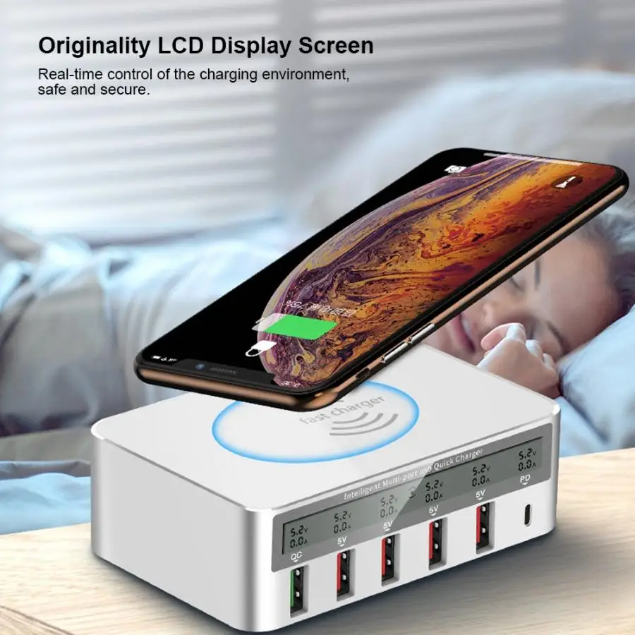 Настольный QC3.0 type-C QI Беспроводное зарядное устройство многопортовый USB мобильный телефон Быстрая Зарядка Док-станция зарядный кабель