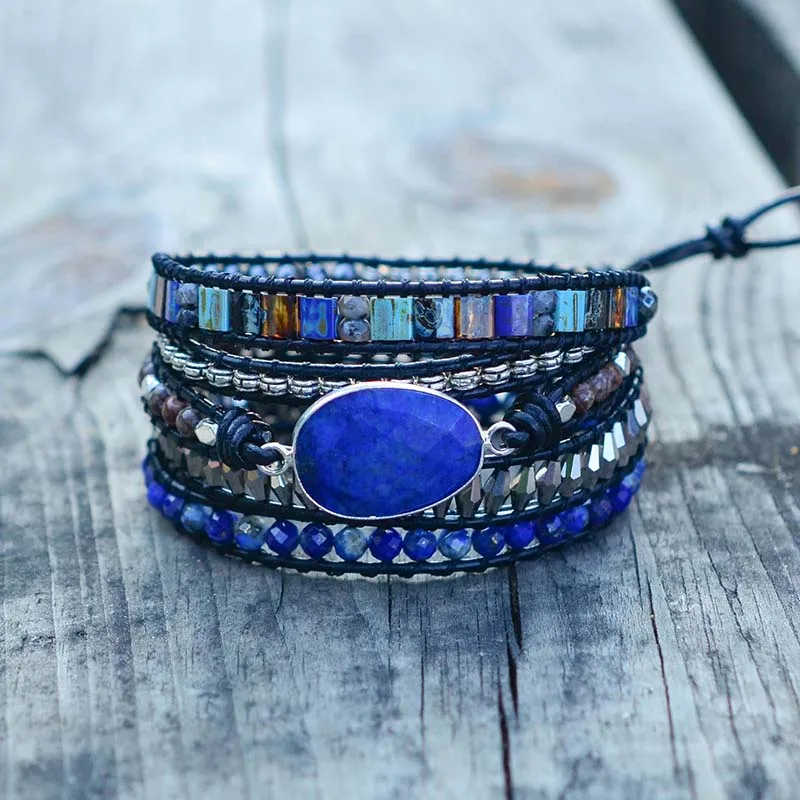 Браслет из натурального камня Lapis, винтажный кожаный браслет в стиле бохо ручной работы, 5 браслетов для женщин и мужчин, Прямая поставка