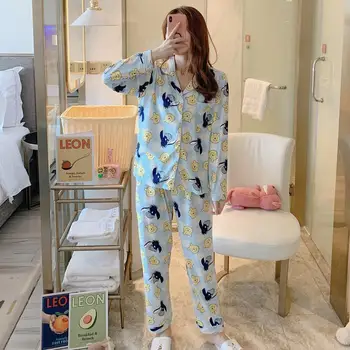 

Spring Autumn Woman Pajamas Sets Long Sleeves and Turn-down Collar Sweater Suits with Cartoon Pattern Decor Female Sleepwear