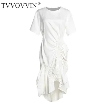 

2020 New Spring Summer Round Neck Short Sleeve White Pleated Fold Irregular Stitch Temperament Dress Women Fashion JT205