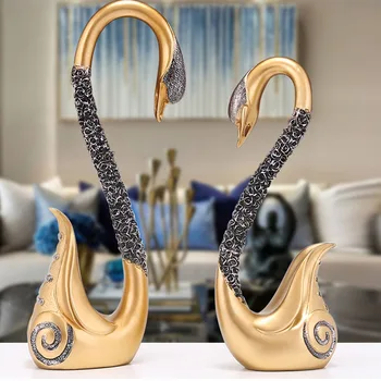 

2 Pcs/set Golden Swan Statuette Ornaments Study Desktop Furnishings Resin Statue Wedding Anniversary Gift European Home Decor
