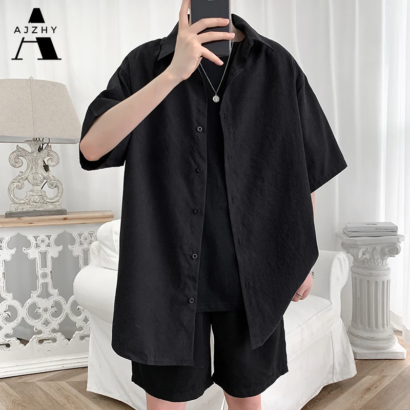 Camisa de manga corta para hombre, ropa de calle de algodón liso, de talla grande, holgada, informal, coreana, para verano, 2020