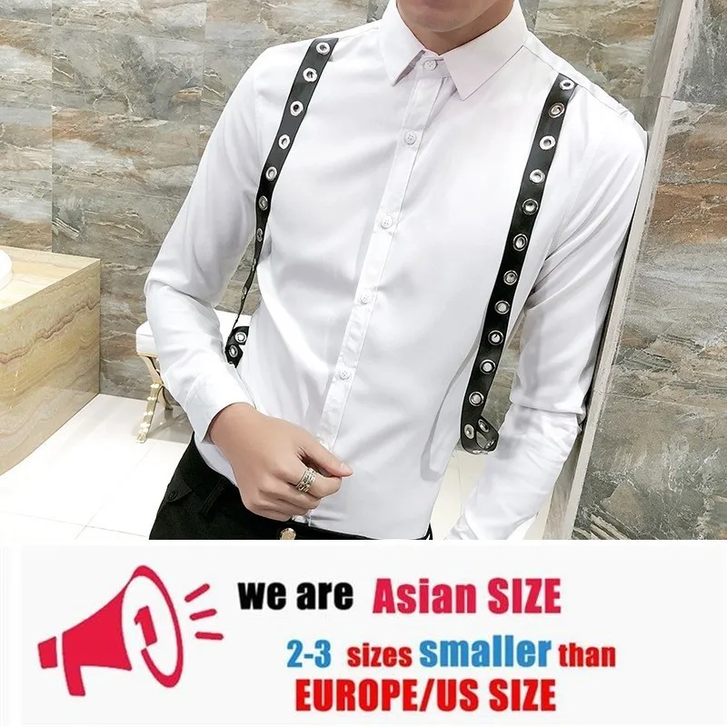 Мужские рубашки Camisa Masculina с декоративными ремешками, приталенные смокинги с длинным рукавом, деловые повседневные рубашки, мужские однотонные вечерние рубашки - Цвет: white