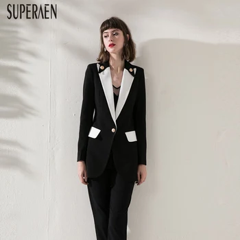 

SuperAen 2020 Spring New Women's Suit Jackets Fashion Cotton Wild Slim Jacket Female Europe Solid Color Long Sleeve Tops Female