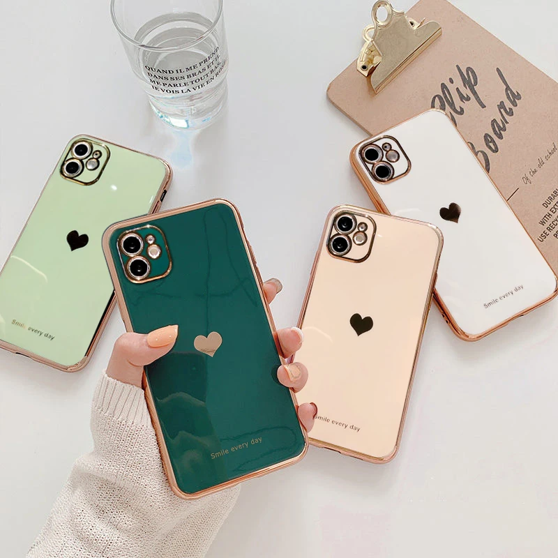 Electroplated Love Heart Phone Case For iPhone 12 13 11 Pro Max XR X XS Max 7 8 Plus Soft Silicone Camera Protective Back Cover iphone 11 Pro Max clear case