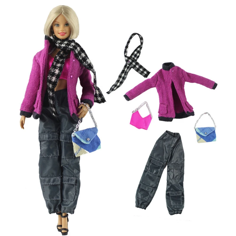 Модная Одежда для куклы Барби, комплект одежды для куклы Барби, фиолетовое пальто, топ, штаны, шарф, сумочка, 1/6, аксессуары для куклы Барби, Одежда для куклы