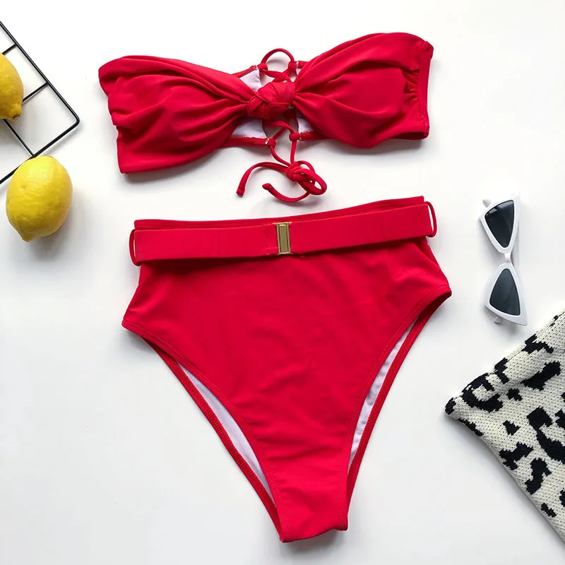 INGAGA Высокая Талия бикини 2021 купальник женский Бикини бандо Biquni Maillot De Bain