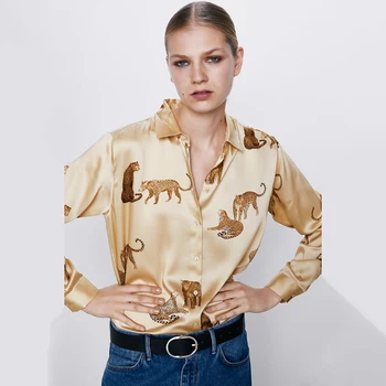 

ZA 2019 Autumn New Print Drape Shirt Lapel Long Sleeve Chiffon Shirt Animal Pattern Commute Simple Wind Front Row Closure Shirt