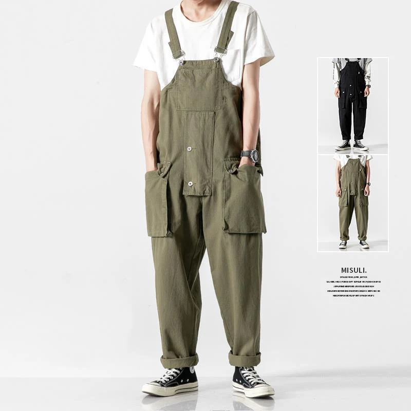 

Idopy Men`s Denim Bib Overalls Loose Fit Baggy Street Hip Hop Japanese Style Suspender Pants