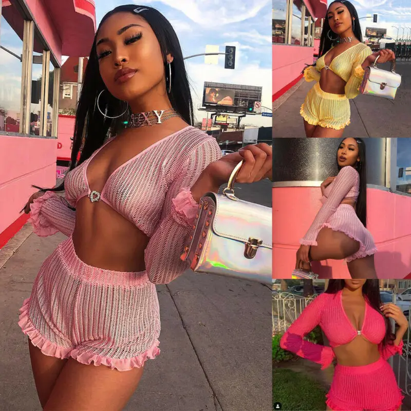 

Women Sexy See-through Ruffled Mesh Trim Pink Shorts Set Two Piece Women Knitted Crop Top High Waist Booty Shorts Set