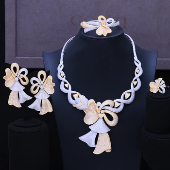 

GODKI Jimbora Famous Brand Luxury Shinning Flower Leaf Dubai Dress 4 PCS Jewelry Set Women Wedding Naija Bridal Cubic Zirconia