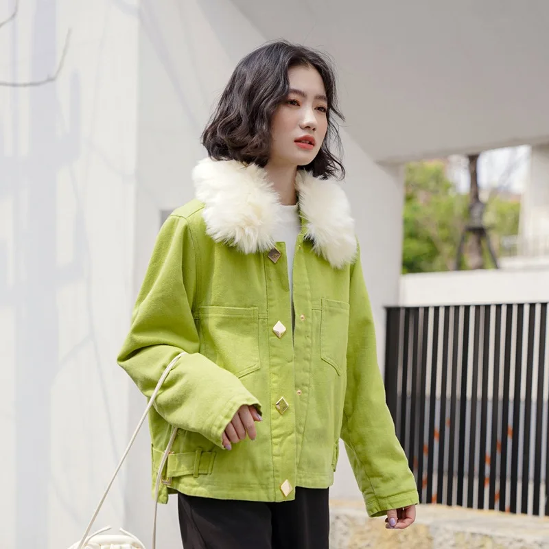 

[Three-Color Selectable] 2019 Winter New Style with Fur Collar Lambs Wool Thick Warm Cotton-padded Clothes Jeans Coat