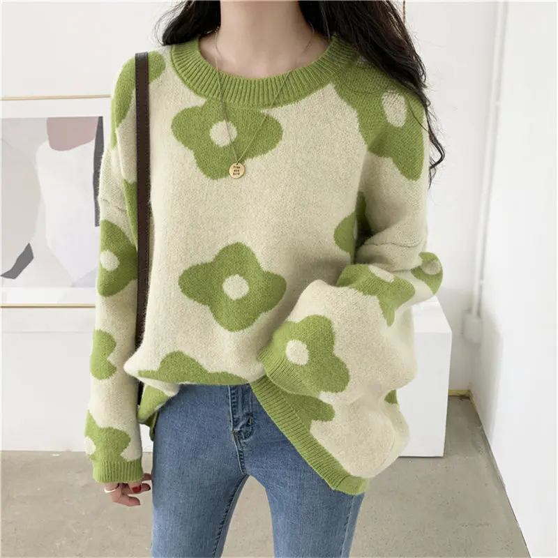 

Alien Kitty Oversize Warm Soft Loose Preppy Chic Casual Sweet Lazy Style Patchwork Floral Students Knitted All Match Sweaters