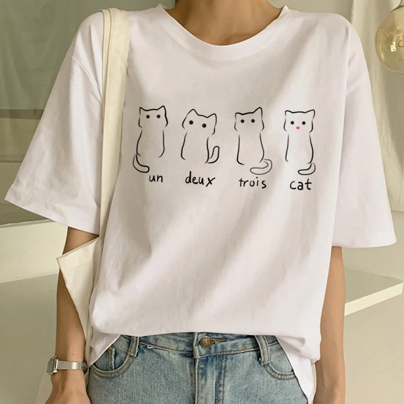 Kawaii Cat Футболка Meow Женская забавная футболка с мультяшным принтом Harajuku 90s