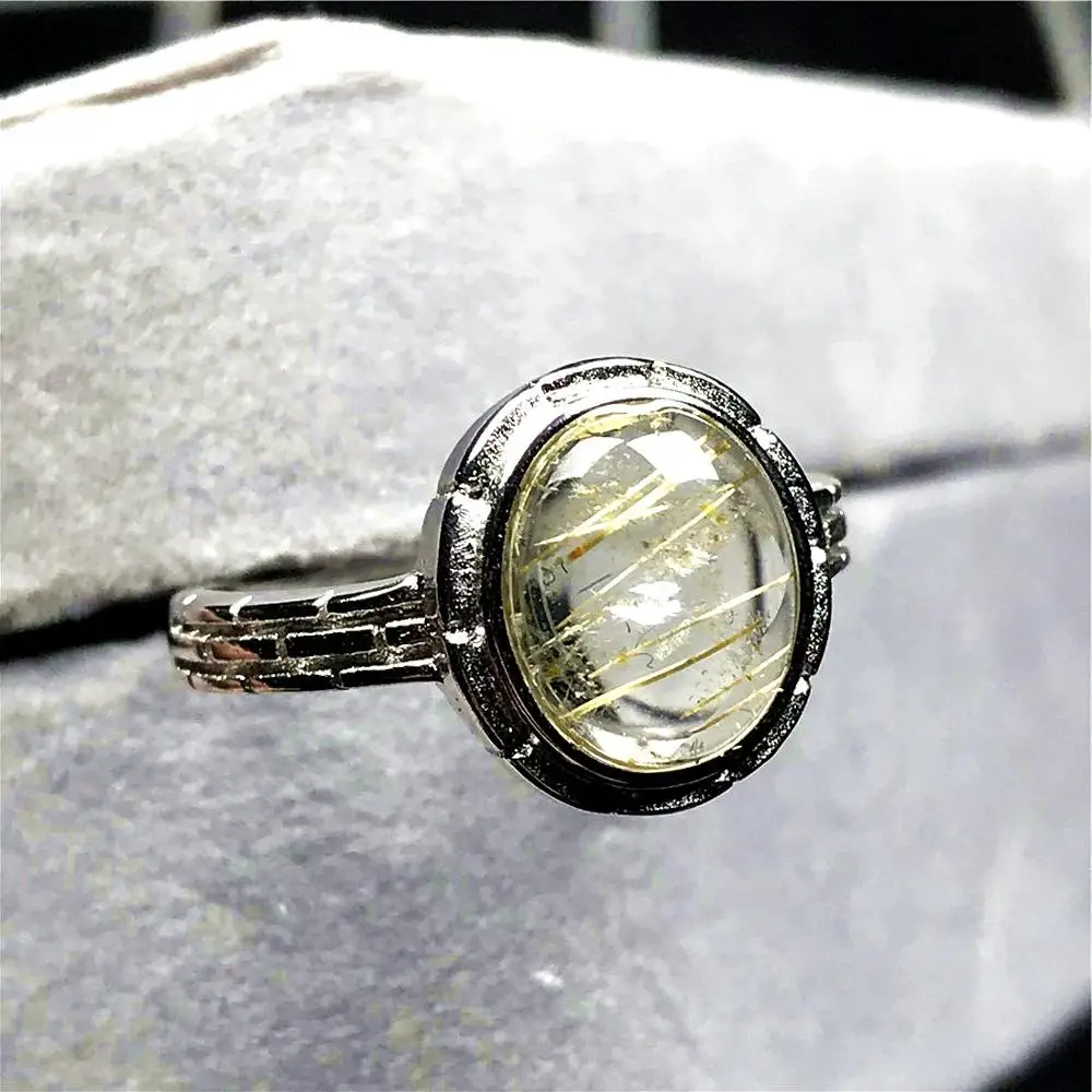 

11x9mm Natural Gold Rutilated Quartz Ring Jewelry For Woman Man Clear Crystal Beads Silver Stone Adjustable Finger Ring AAAAA