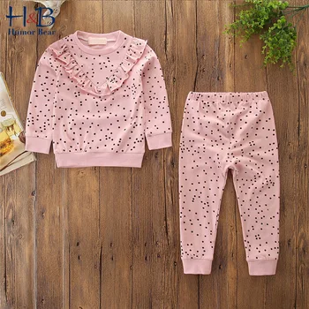 

Humor Bear Girls Clothes Fashionable Spring & Autumn Leisure Suit Girls Polka Dot Round Neck Long Sleeve Sweater+Trousers 2 Sets