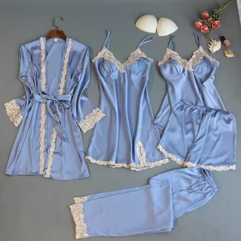 

2019 Women 5 Pieces Pajamas Sets Stain Silk Pijama Sleepwear Bathrobe Sets Autumn Winter Pyjamas Femme Robes Pants Home Suit