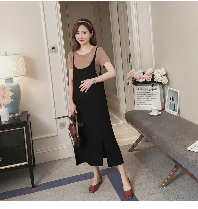 1927# 2PCS/Set Summer Korean Fashion Maternity Long Dress Sexy Sweet Side Splits Sling Dress for Pregnant Women Pregnancy Shirt