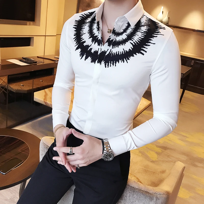 

2020 New Digital Printing Shirt Men's Long-Sleeved Slim Casual Dress Party Shirt Classic Black White Fashion Men Social Shirt
