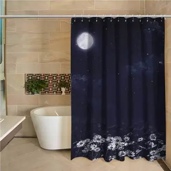 

Night Odorless Waterproof Shower Curtain Dark Night and White Daisies Fantasy Landscape Nature and Dreamlike Universe Large Home