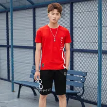 Летняя мужская футболка из чистого хлопка с коротким рукавом, трендовая Молодежная Футболка с вырезом лодочкой, с принтом, для спорта на открытом воздухе, повседневный комплект с коротким рукавом