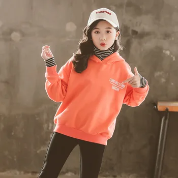 

Fashion Teen Girls Letter Hooded Hoodie Children Plus Velvet Warm Pullover Coat Kids Autumn Winter Casual Turtleneck Sweatshirts