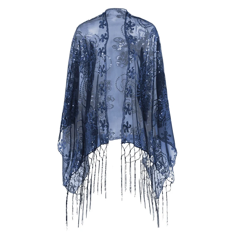 Женский Ретро винтажный шарф 1920 s, блестящий шарф, сетка, блестящий цветок, отделка, свадебное платье, накидка с бахромой, шаль для вечеринки - Цвет: Navy Blue