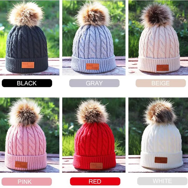 Детские вязаные хлопковые шапки на осень и зиму, теплая и удобная Лыжная однотонная шляпа, модные Универсальные шапки с помпонами для мальчиков и девочек