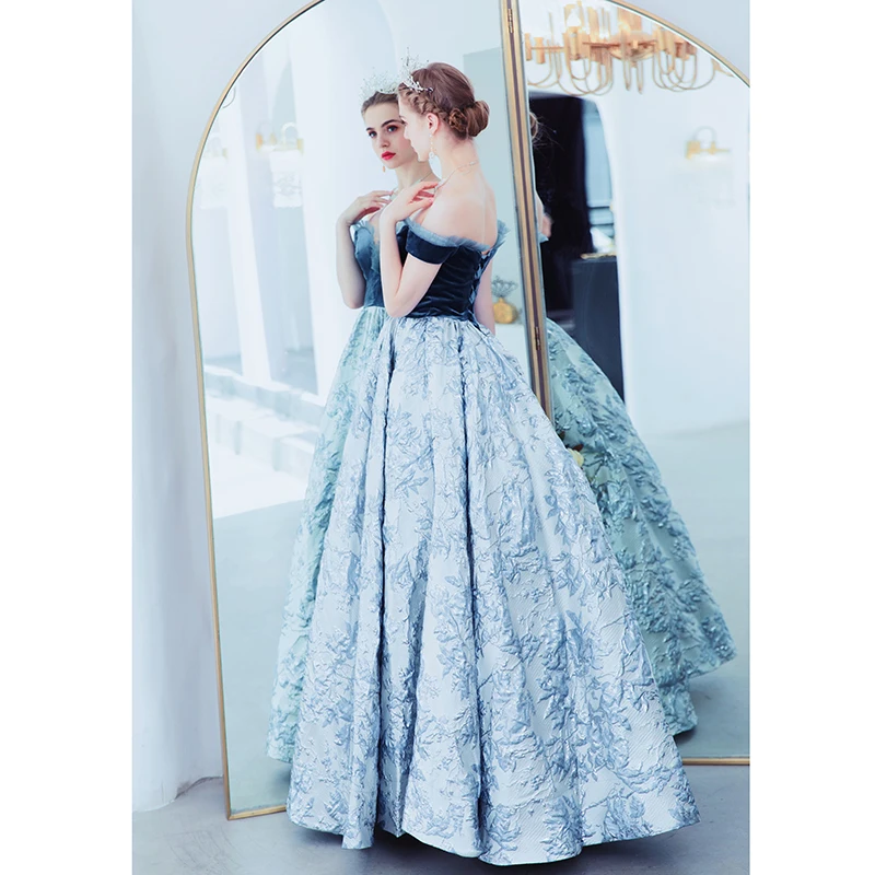 luxury baroque blue ruffled emboss rococo ball gown long dress vintage medieval dress Renaissance princess Victoria dress