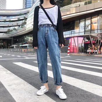 

Women Simple High Waist Harem Jeans Washed Fashion Autumn Solid Pockets Denim Pants Casual Loose Large Size Trousers