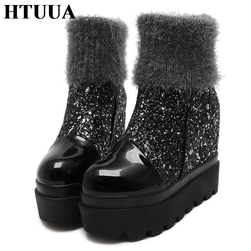 HTUUA/зимние сапоги из расшитой блестками ткани женские на платформе без застежки