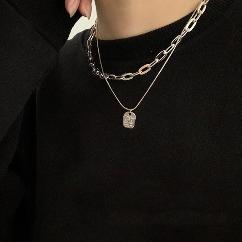 Korean Stainless Steel Choker Layered Necklace Women Punk Trendy Dainty Chain Statement Pendant Hip Hop Jewelry 