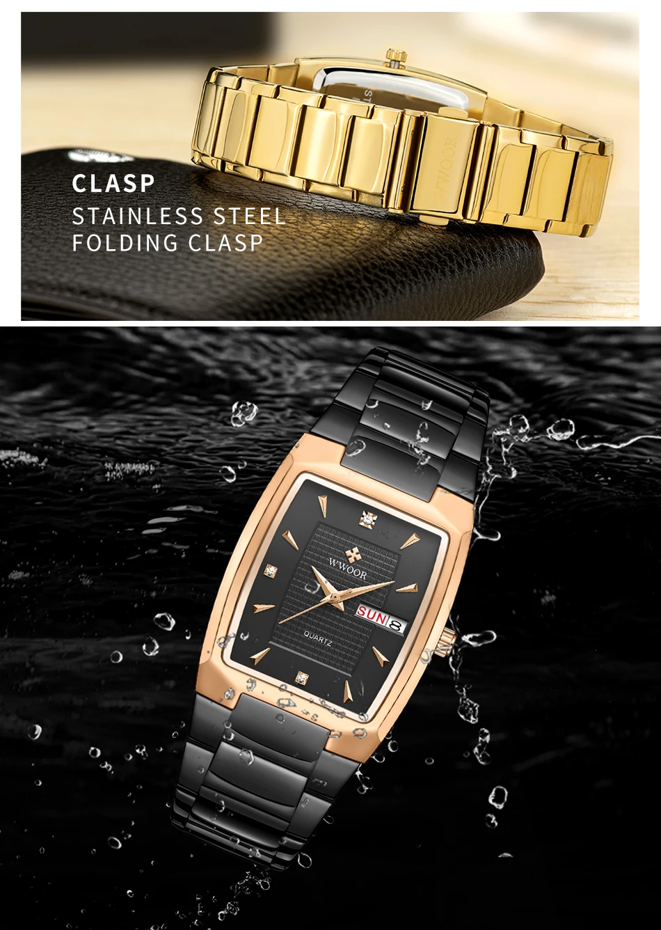 Watches Men WWOOR Brand Casual Simple Men's Quartz Clock Rose Gold Square Waterproof Week Display Wristwatches Relogio Masculino