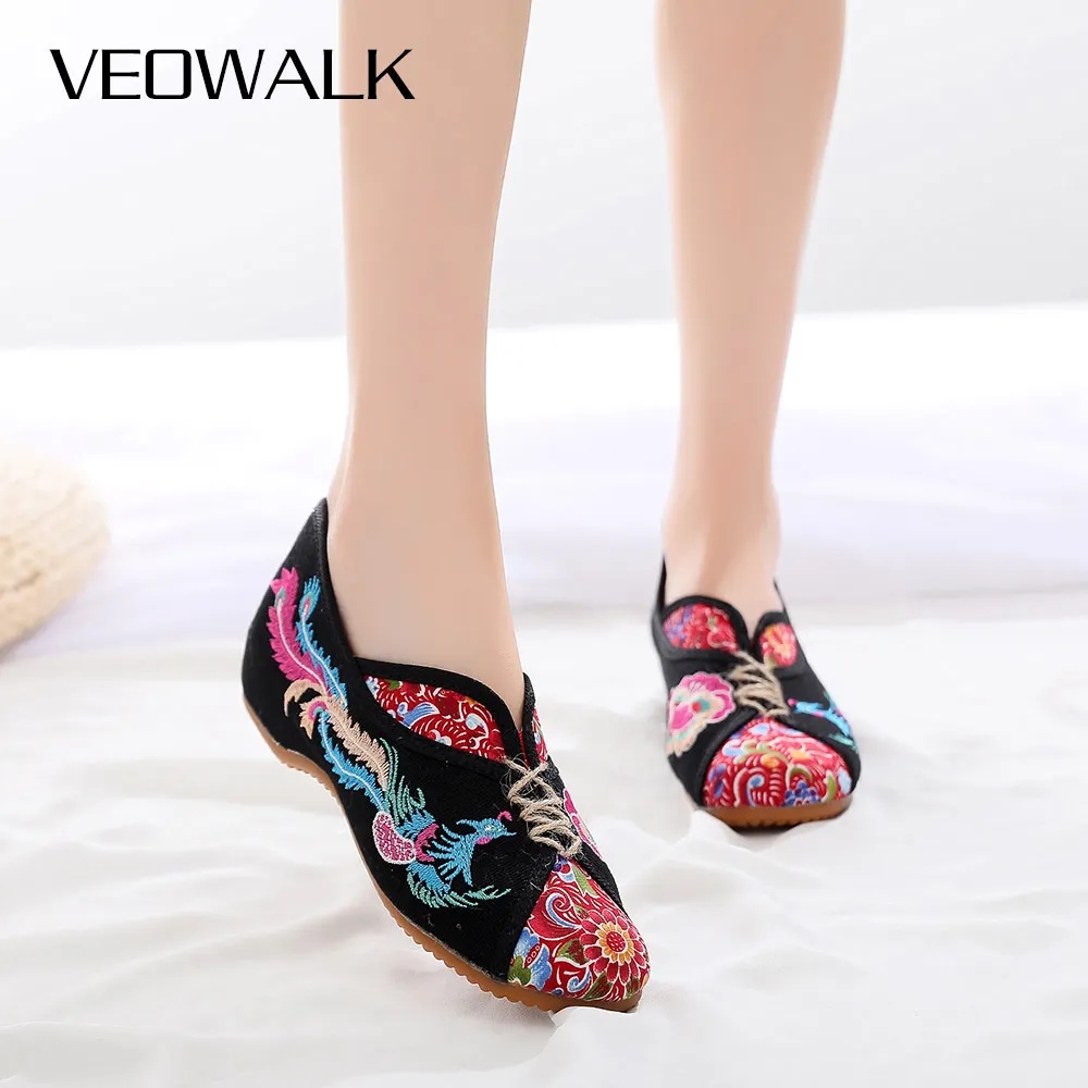 Veowalk-zapatos planos Retro de lona bordados para mujer, mocasines informales vegana, cómodos, estilo japonés, bailarinas de tela