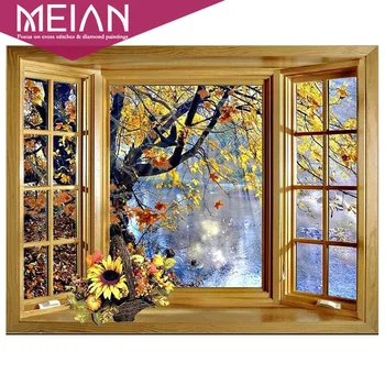 

2020 MEIAN window outside tree lake 5D Diy Diamond Painting scenery Cross Stitch Full Round Drill Wall Arts & Crafts