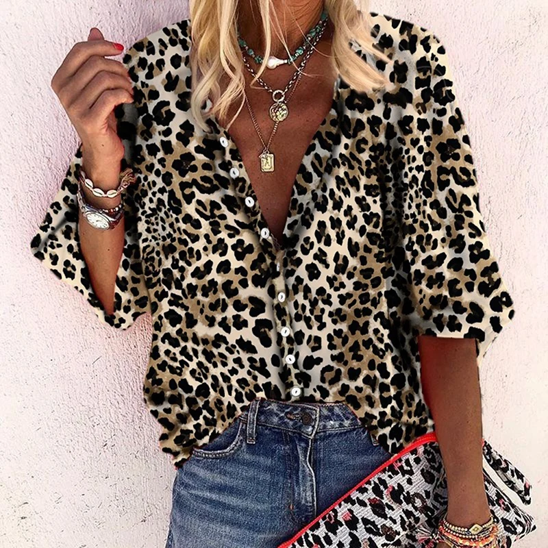 

2019 New Fashion Leopard Print Ladies Blouse Shirts Sexy Womens Deep V-Neck Blouse Plus Size Blusa Femme Autumn Long Sleeve Tops