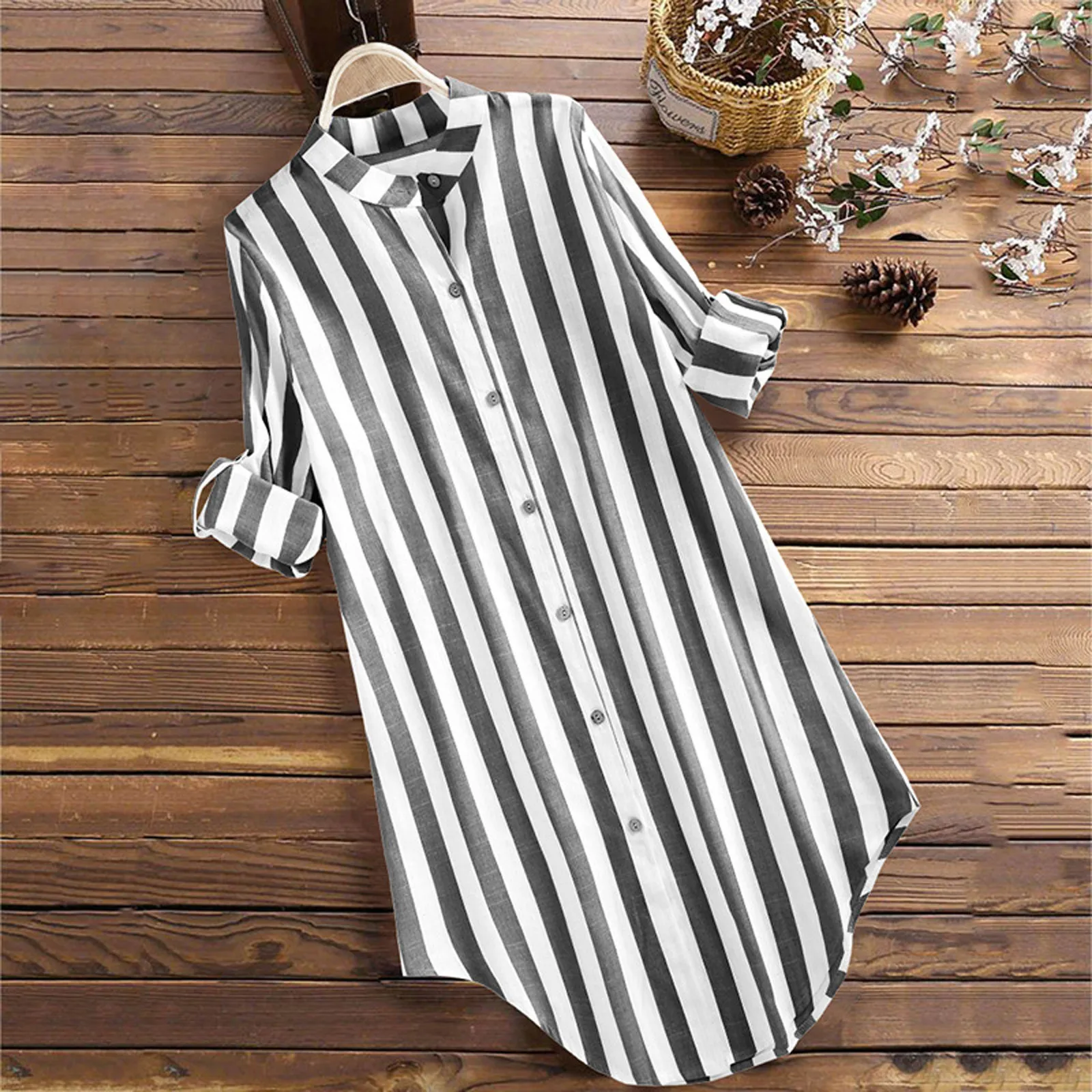 Blusa holgada Vintage con manga larga para verano, camisa con estampado a rayas para Mujer, con bolsillos y botones, de talla grande