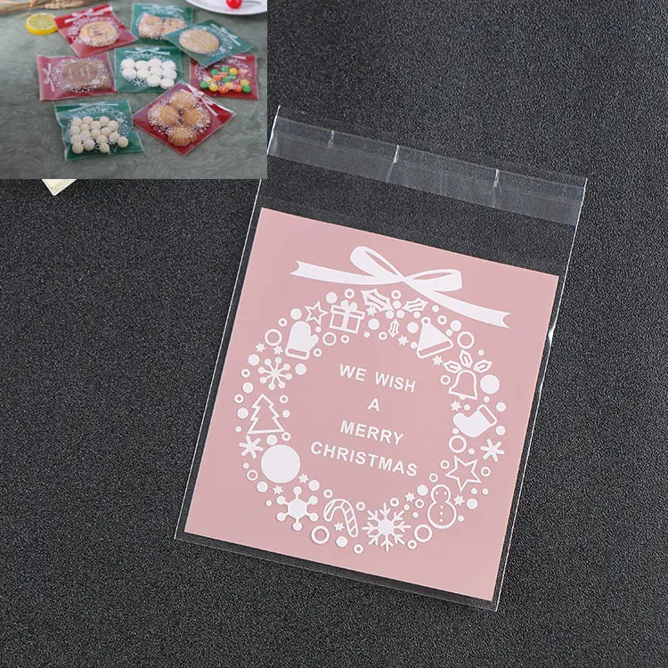 LBSISI Life, 100 шт, веселые рождественские пакеты для печенья на Хеллоуин, конфета, снег, год, сделай сам, упаковка, самоклеющиеся пакеты, подарочные пакеты - Цвет: Pink Best Wish