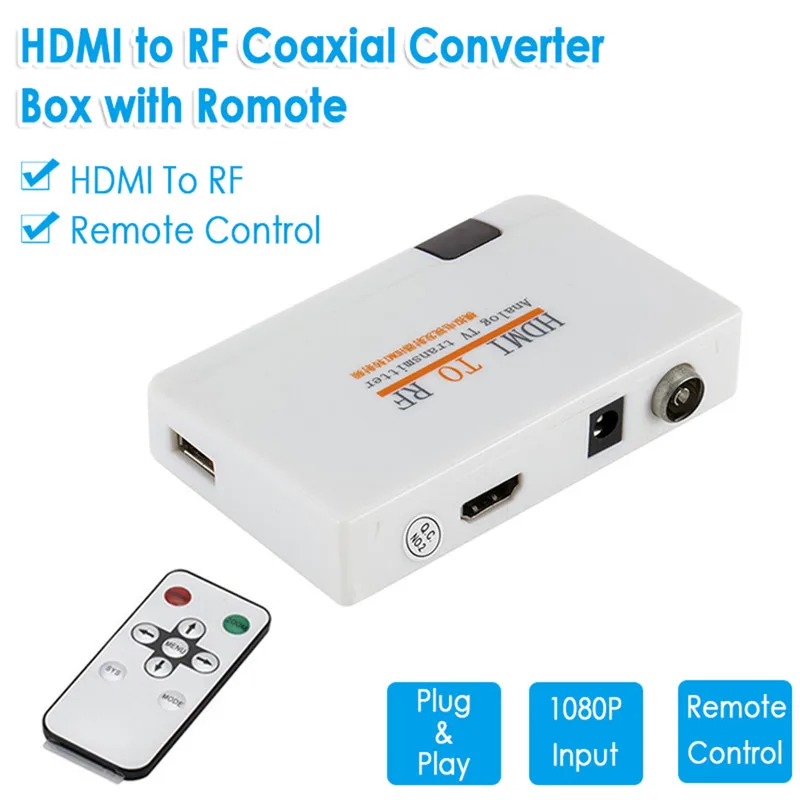 HDMI к радиочастотному коаксиальному конвертеру Кабель-адаптер с пультом дистанционного управления для преобразования ТВ-передатчика США/ЕС/Великобритании