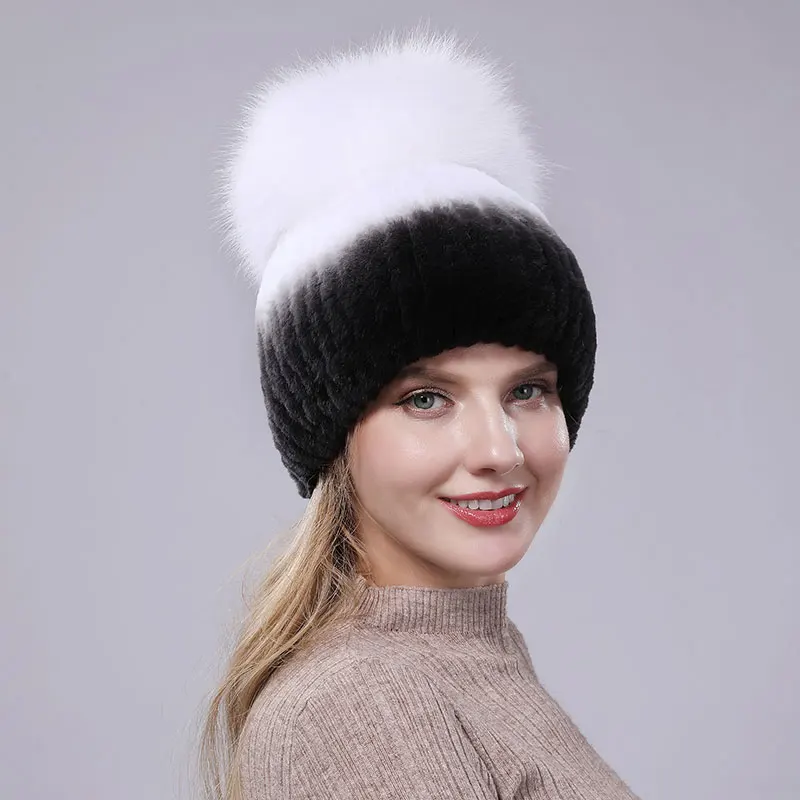Show as picture 2 Женские теплые шапки из натурального меха кролика рекс мех лисы верхний шар Форма шапки зимние новые женские повседневные Шапки из натурального меха - Цвет: Show as picture 2